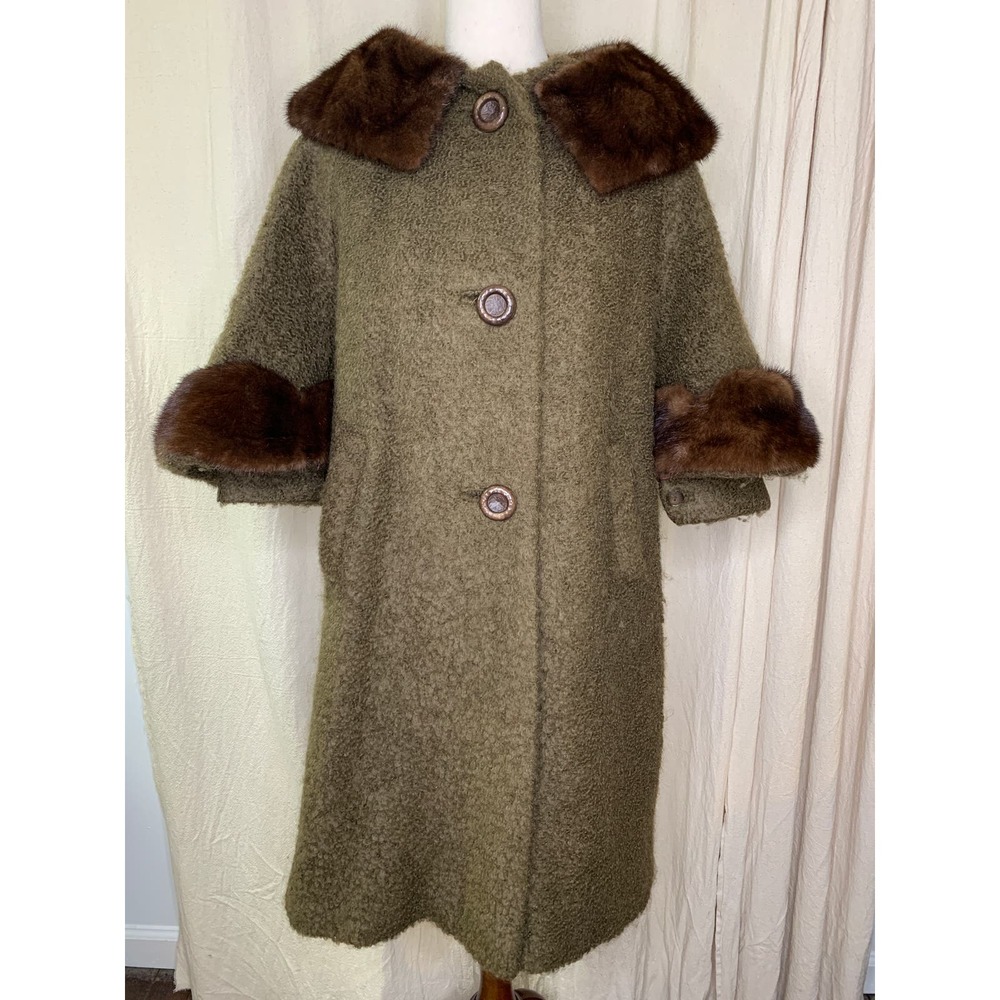 Vintage 1950s Ronnie New York Olive Curly Wool Scallop Mink Fur Swing Peacoat L
